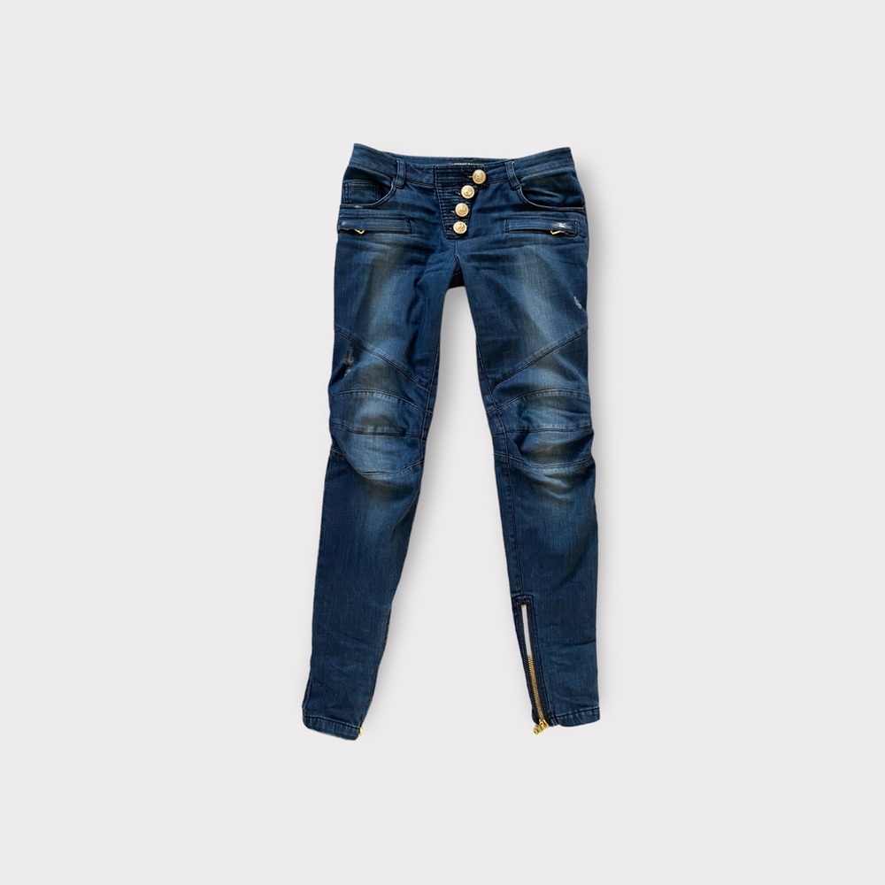 🎁 BALMAIN Stunning distressed navy blue denim skinny low waist jeans FR36 XS 25